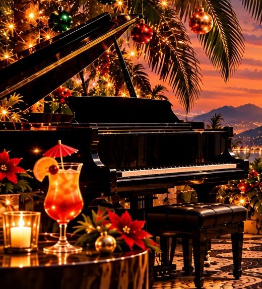 A grand piano on a mosaic terrace strung with Christmas lights